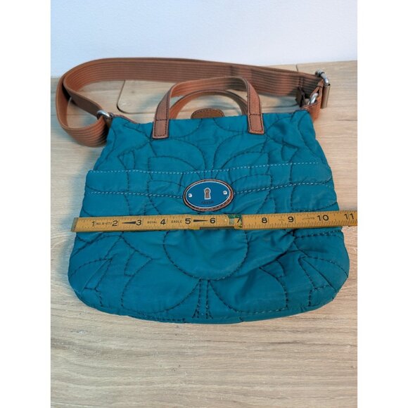 Vintage Fossil Bag Quilted Blue Trimmed In Cow Hide Leather Flaw - Picture 7 of 8